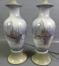 PAIR PORCELAIN LAMPS - SAILBOATS