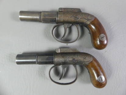 PAIR ALLEN'S POCKET PISTOLS: Pair of circa 1840's single-shot percussion (tube hammer) pocket pistols signed ALLEN'S PATENT. 5 in long, 2 in barrel, about 25 caliber. Some engraving to metal mounts. Made by Ethan Allen of MA (180