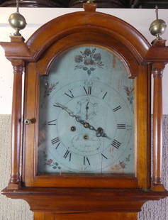 ALEX WILLARD INLAID TALL CLOCK: Period inlaid cherry tall clock with painted dial and brass works signed ALEX. WILLARD, ASHBY. Circa 1810. 87 in tall, 18.5 wide, and 9.5 deep. Untested. (Alexander Tarbell Willard was a direct descen