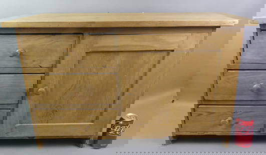 SMALL PINE CABINET: Modern pine small cabinet with 3 drawers and single doored compartment. 31 x 13 x 19 in high.