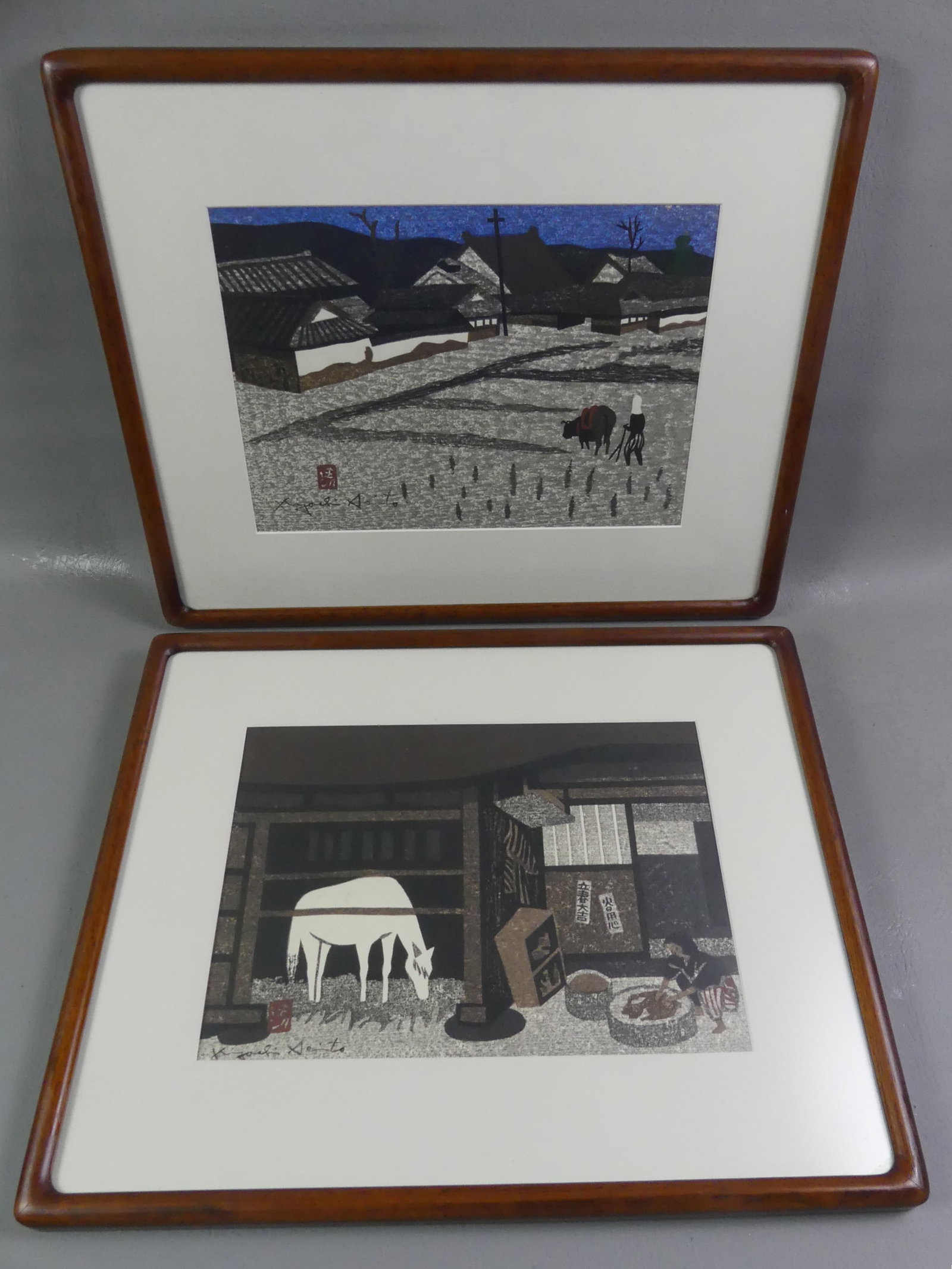 K. SAITO JAPANESE WOODBLOCKS: Lot of 2 Japanese woodblock prints by Kiyoshi Saito --a) barn with horse and figure, 10 x 13.5 in b) farm with ox and figure, 17 x 21 in. sight size. Each is nicely framed 17 x 21 in.