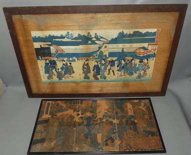2 JAPANESE WOODBLOCK PRINTS: Lot of 2 antique Japanese woodblock triptych prints, each 14 x 29 in, large framed one (24 x 28 in) is by Hirogshige and smaller one is Toyokuni III. Condition is fair/good with darkening/some stainin