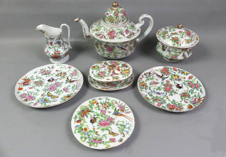 ANTIQUE CHINESE FAMILLE ROSE TEA SET ETC.: Group of antique Chinese Famille Rose decorated ceramics including a tea set circa 1850 with 8.5 in dome teapot (repair to lid, base good); large covered sugar and creamer; 6 in oval butter dish with
