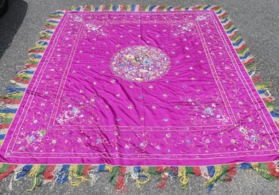 CHINESE SILK EMBROIDERED COVERLET