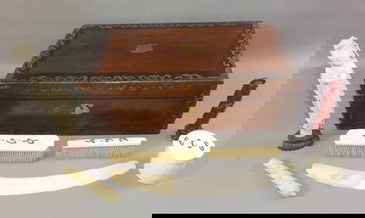 CARVED BONE LOT & LAP DESK: Lot of estate items: 10 in Chinese carved bone figure (chip); 15.5 in carved bone letter opener; 3 pc bone vanity set; carved bone needle case; carved wood Chinese figure; and rosewood 19th c. lap des