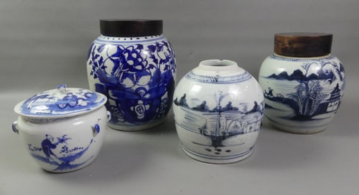 4 CHINESE BLUE CERAMIC POTS