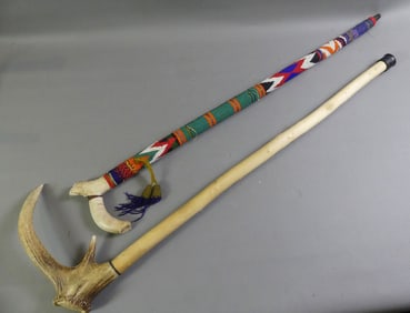 AFRICAN BEADED CANE & ANTLER CANE