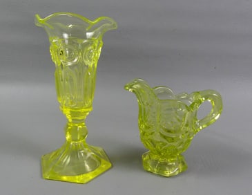 SANDWICH GLASS VASELINE VASE & CREAMER