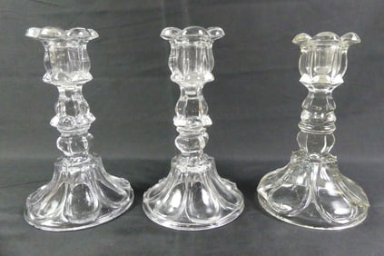 3 SANDWICH GLASS CANDLESTICKS