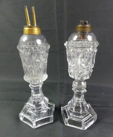 2 SANDWICH GLASS WHALE OIL LAMPS