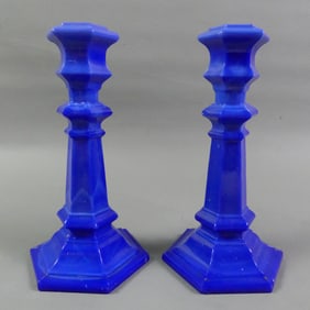 PAIR BLUE SANDWICH GLASS CANDLESTICKS