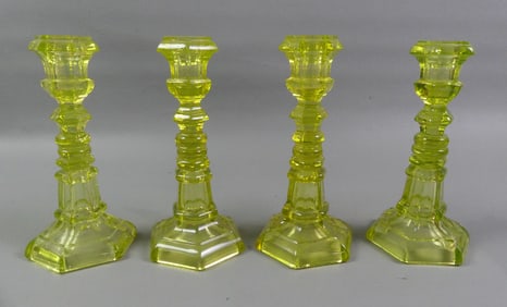 4 SANDWICH GLASS VASELINE CANDLESTICKS