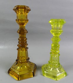 2 SANDWICH GLASS COLORED CANDLESTICKS