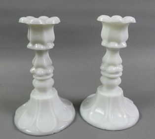 PAIR SANDWICH MILK GLASS CANDLESTICKS