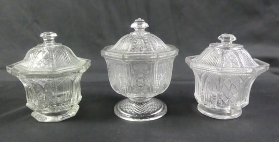 3 SANDWICH GLASS SUGAR BOWLS