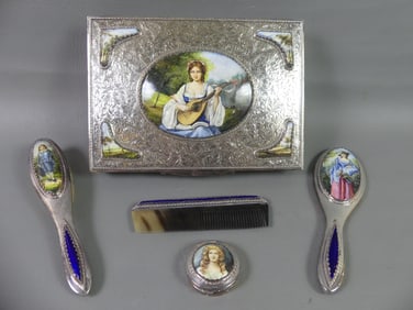 RARE 835 SILVER MUSICAL VANITY BOX & ACCESSORIES