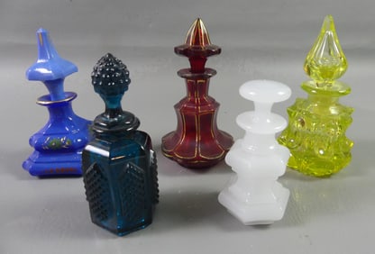 5 SANDWICH GLASS PERFUME BOTTLES