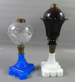 2 COLORED SANDWICH WHALE OIL LAMPS