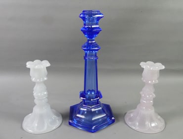 3 SANDWICH GLASS COLORED CANDLESTICKS