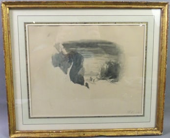 J.F. KENSETT WATERCOLOR SKETCH - RIDERS IN GORGE