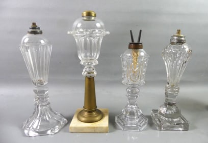 4 SANDWICH GLASS WHALE OIL LAMPS