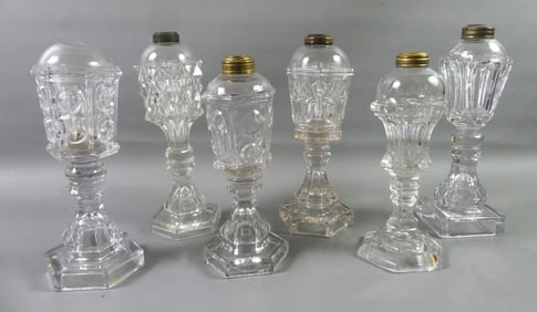 6 SANDWICH GLASS WHALE OIL LAMPS