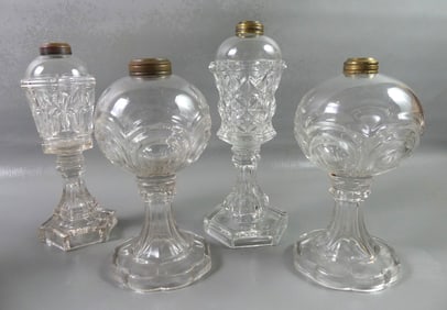 4 SANDWICH GLASS OIL LAMPS
