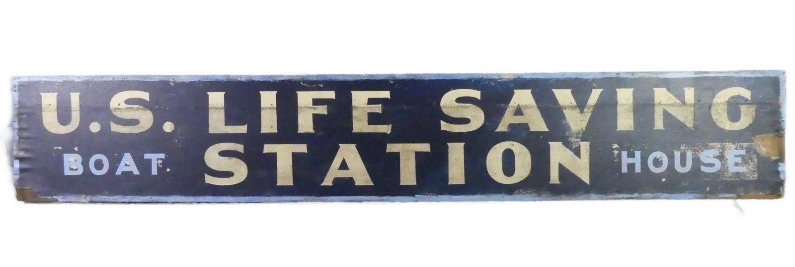6 FT. LIFESAVING STATION SIGN: Old 6 ft long by 1 ft high painted wood sign ---US Lifesaving Station Boat House. Some scattered wear/veneer damage.