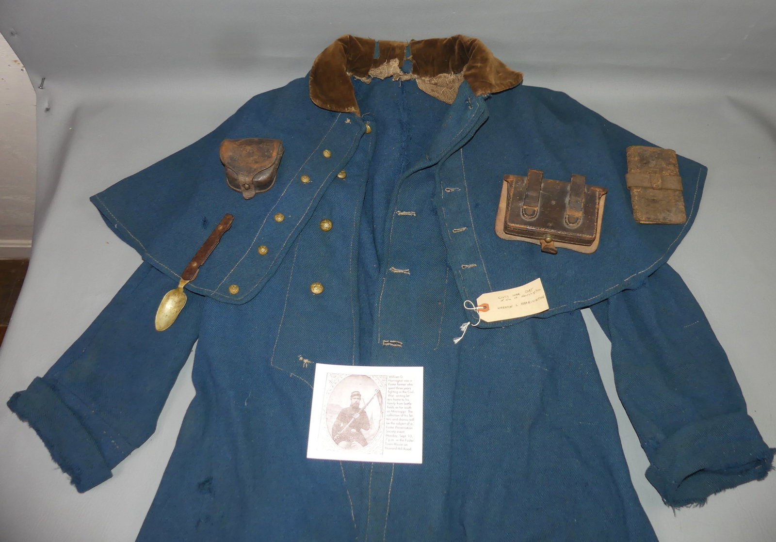 CIVIL WAR COAT & ACCESS. - WM. HARRINGTON OF RI: A group of Civil War items that belonged to Private William O Harrington (1830-1904) of Company K, 7th Rhode Island Infantry - Enlisted Aug. 14, 1862, mustered out June 9, 1865 (he fought in many impo