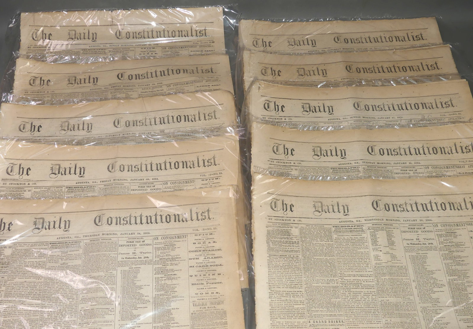 10 CONFEDERATE NEWSPAPERS 1864: Lot of 10 rare Confederate THE DAILY CONSTITUTIONALIST newspapers from Augusta Georgia, all are dates from January of 1864. Each is a large 24 x 18 in sheet of paper (folded) and are in much better-th