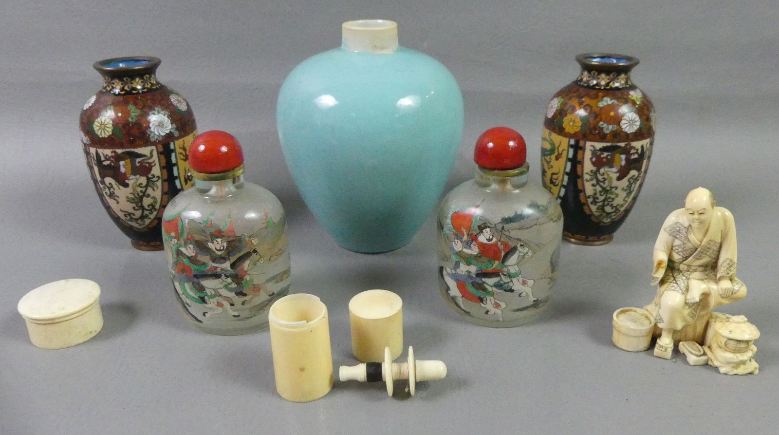 LOT OF ASIAN ITEMS: Lot of old Asian items: 5.5 in Chinese robin's egg blue vase (no lid); Pair Japanese Meiji cloissone vases, 4.5 in; Pair 4 in Chinese reverse painted snuff bottles with warriors, signed; 3.5 in Japane