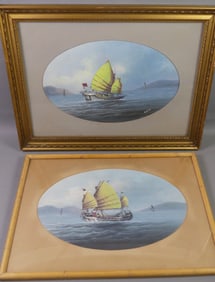 PAIR CHINESE GOUACHE PAINTINGS - BOATS