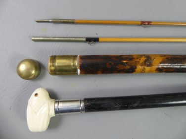 FISHING ROD CANE & CARVED FISH