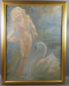 PAINTING OF NUDE GIRL & SWAN