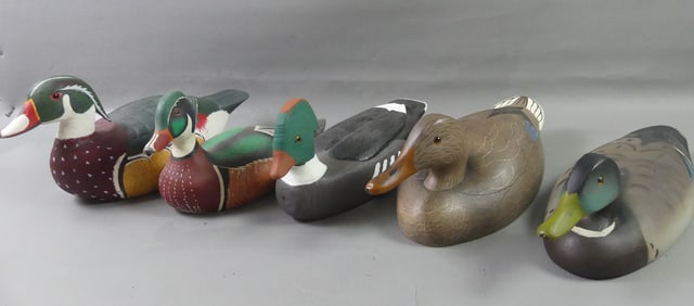 5 WOOD PAINTED DUCKS - SIGNED