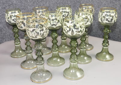 SET 10 BOHEMIAN ENAMEL GLASS WINE HOCKS