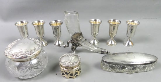 LOT ASSORTED STERLING AND CUT GLASS ITEMS