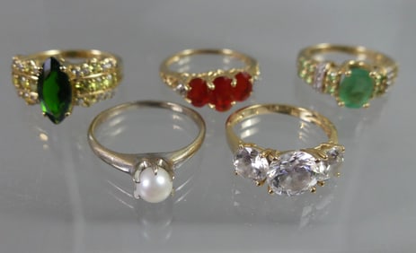 5 GEMSTONE RINGS 10-14K GOLD