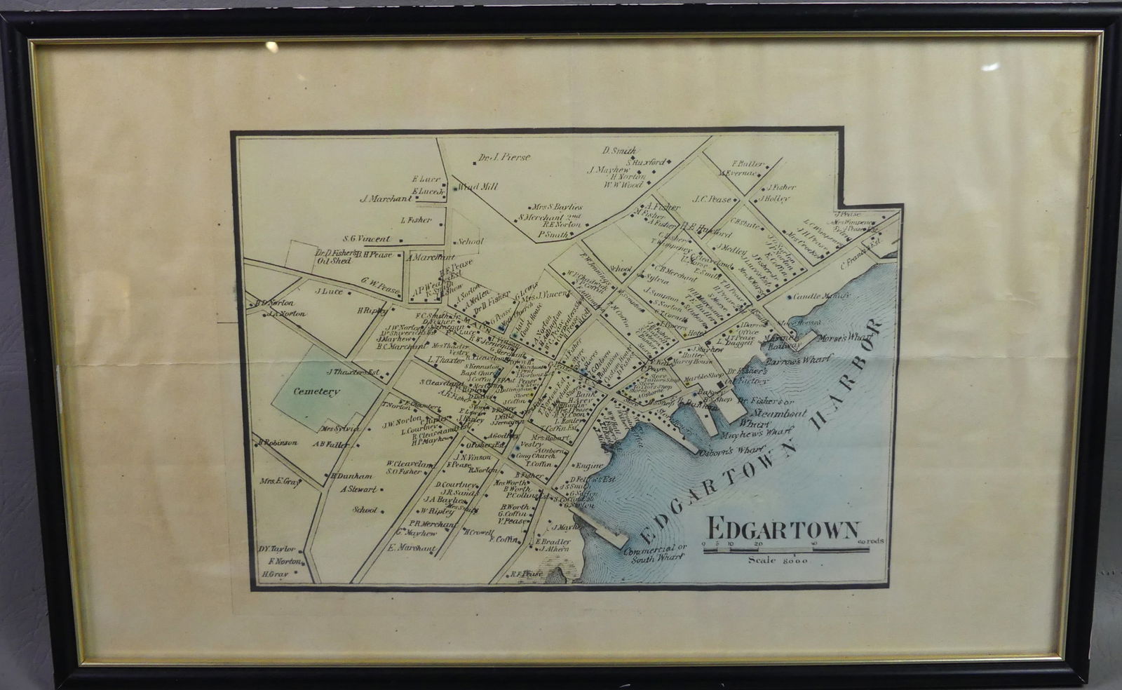 ANTIQUE MAP - EDGARTOWN MARTHA'S VINEYARD: Antique hand colored and framed map of Edgartown, Martha's Vineyard. Unsigned. 11 x 17.75 in, framed 12.5 x 19 in. Good condition. Provenance: Passed down in the family of Alexander O. Vietor, Yale Un