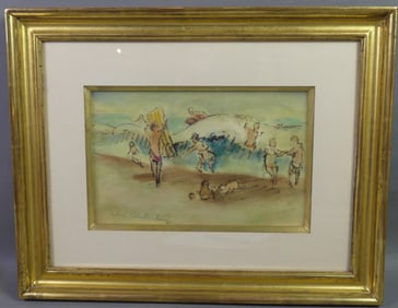 IMPRESSIONIST BEACH SCENE WATERCOLOR - SIGNED