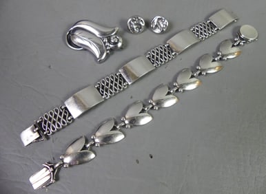 2 JENSEN SILVER BRACELETS PLUS PIN & EARRINGS