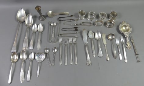 LOT SILVER FLATWARE, NAPKIN RINGS ETC.