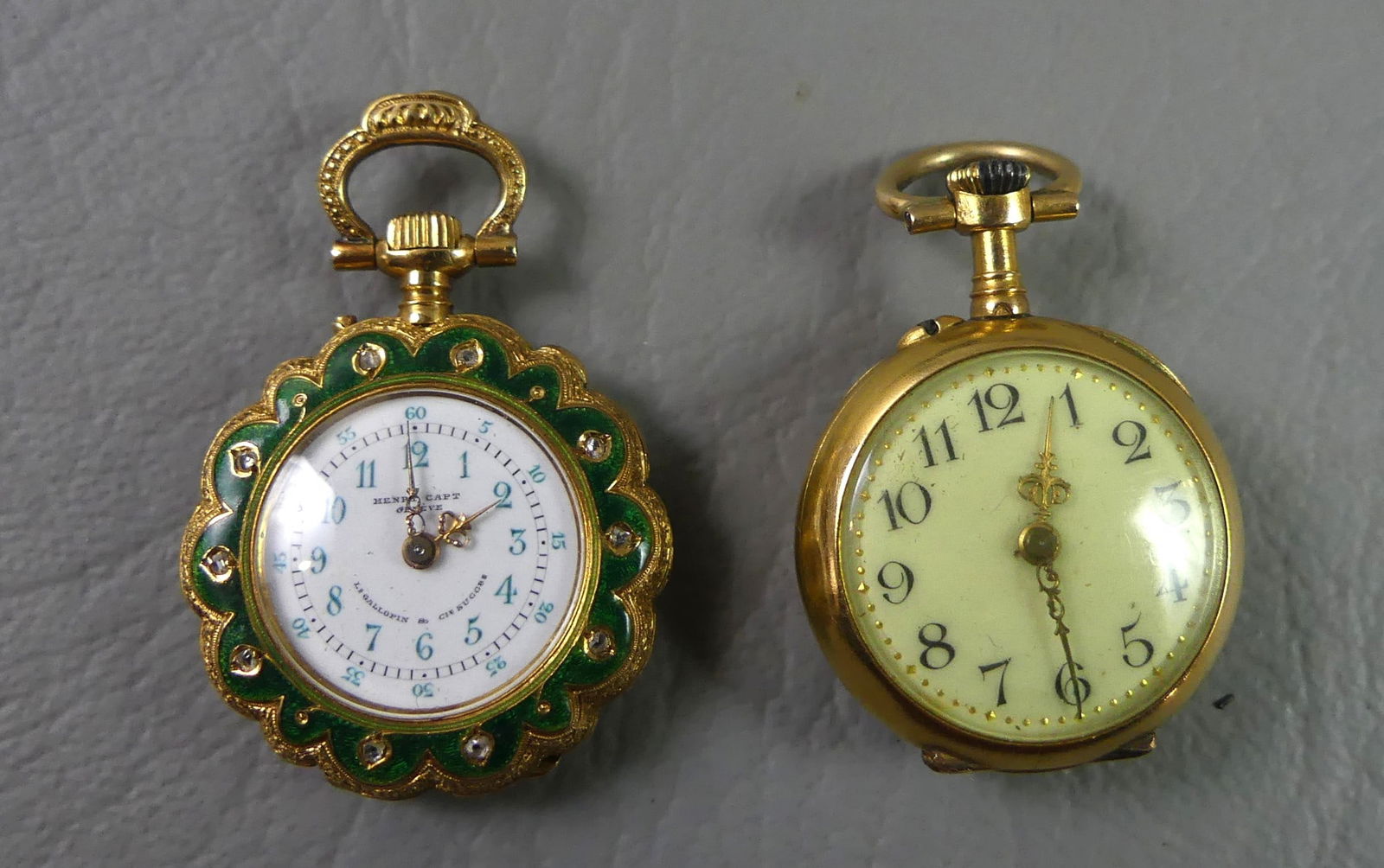 2 LADIES SWISS GOLD POCKET WATCHES: Lot 2 ladies gold small pocket / pendant watches, both set with diamonds on the back cover. One signed Henry Capt, Geneve and L. Gallopin Co. (18K) with green enamel design numbered 4290 (some touch-u