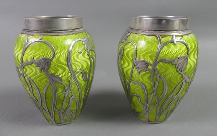 PAIR MINI STERLING & ENAMEL VASES