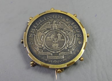 1892 SO. AFRICAN 5 SHILLING COIN - 10K BEZEL