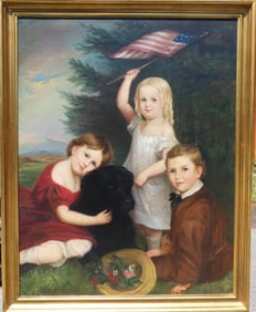 LARGE PATRIOTIC PAINTING - CHILDREN & DOG