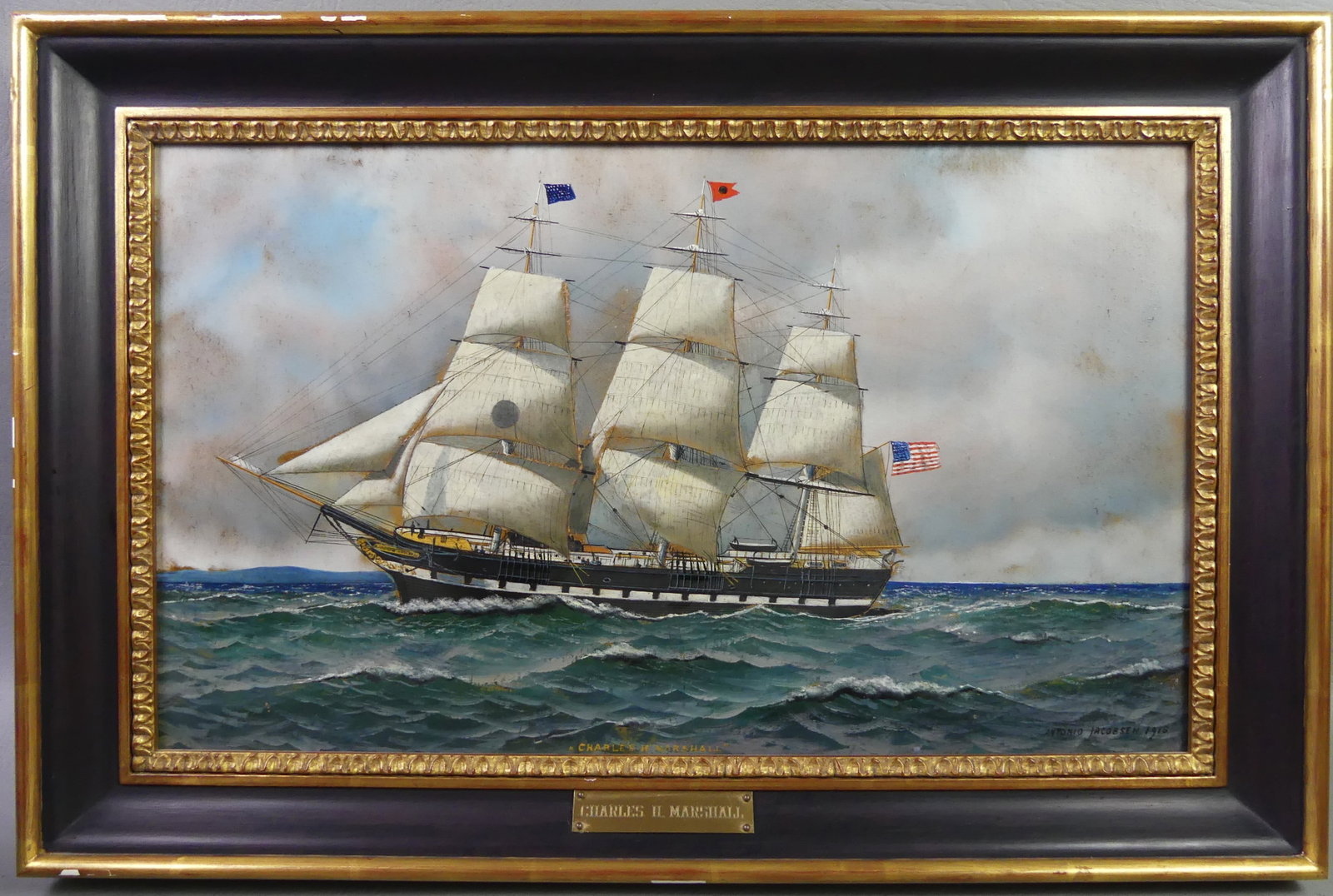 ANTONIO JACOBSEN - CHARLES MARSHALL SHIP PORTRAIT: Fine oil painting on board of an American Black Ball Line ship identified as the Charles H. Marshall (after the founder) and signed Antonio Jacobsen 1916. 12 x 20 in, framed 16 x 24 in. Together with