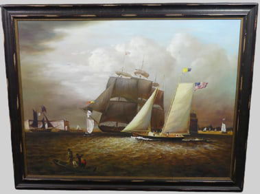 LARGE VINTAGE PAINTING - HARBOR SCENE