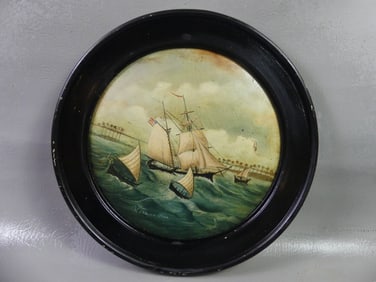 ANTIQUE ROUND PAINTING - MORNING STAR SHIP