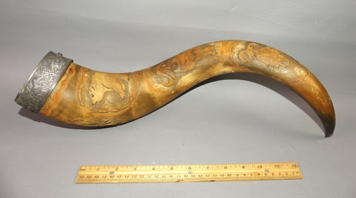 CARVED STEER HORN WITH ANIMALS